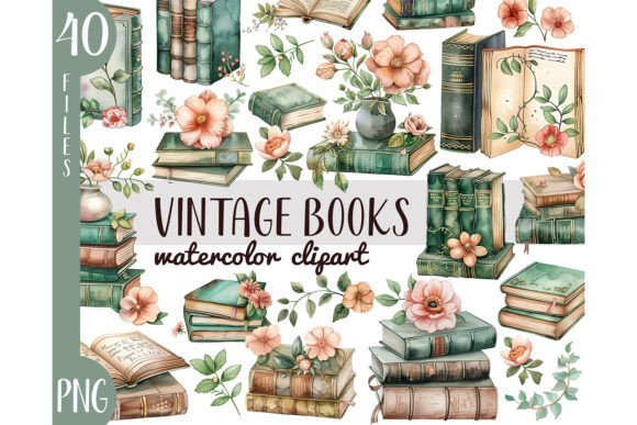 Download Watercolor Vintage Books Clipart PNG - Vintage Collection