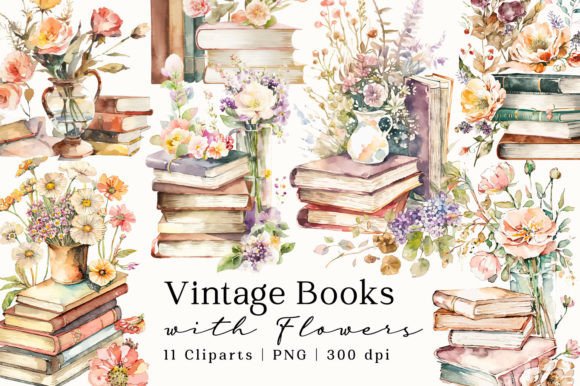 Download Vintage Books Flowers Watercolor Clipart - Vintage Collection