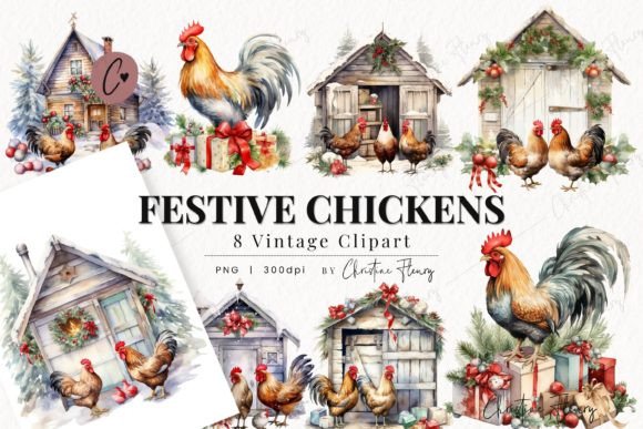 Download Vintage Festive Chickens Clipart - Vintage Collection